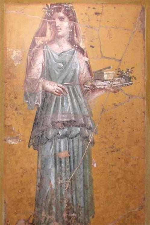 Fresco of woman wearing a head covering and holding a tray, from the Villa San Marco, Stabiae, 1st century AD