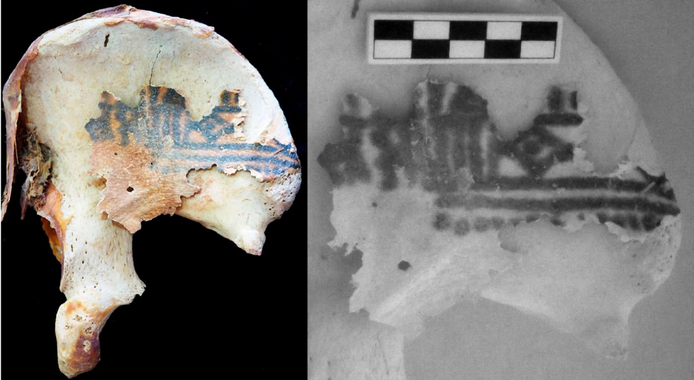 The hip tattoo found on an Egyptian mummy in Deir el-Medina. The right image was taken using infrared photography.