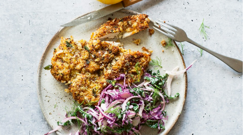 Pub favourite: Chicken schnitzel with cabbage and fennel slaw. Photo: Alan Benson/Plum