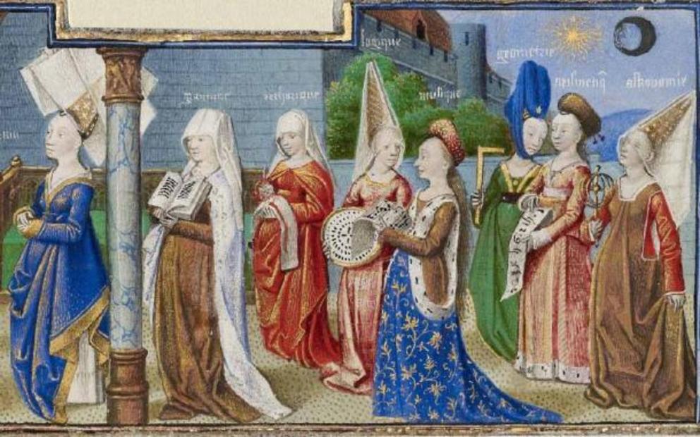 Variety of headdresses and veils; detail from Philosophy Presenting the Seven Liberal Arts to Boethius, a Coëtivy Master, circa 1460.