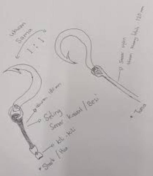 Former Long Xing 629 deckhand Rizky Fauzan Alvian drew this picture illustrating the difference between a hook with a wire leader meant for catching sharks, left, and a normal hook and leader meant for tuna, right. Both were used on his boat.