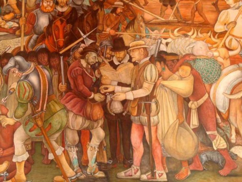 Arrival of Hernan Cortez by Diego Rivera in the Palacio Nacional