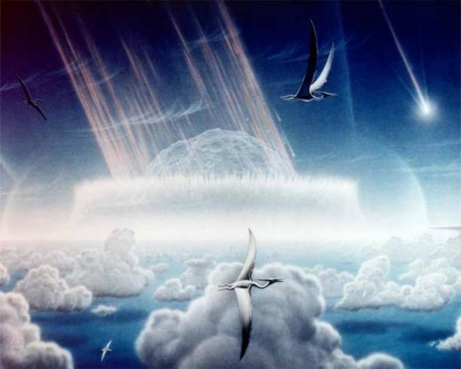 Artistic impression of the asteroid slamming into the ocean near what is today southeast Mexico. The aftermath is believed to have caused the mass extinction of dinosaurs and many other species on Earth, as well as producing a worldwide blackout and freez