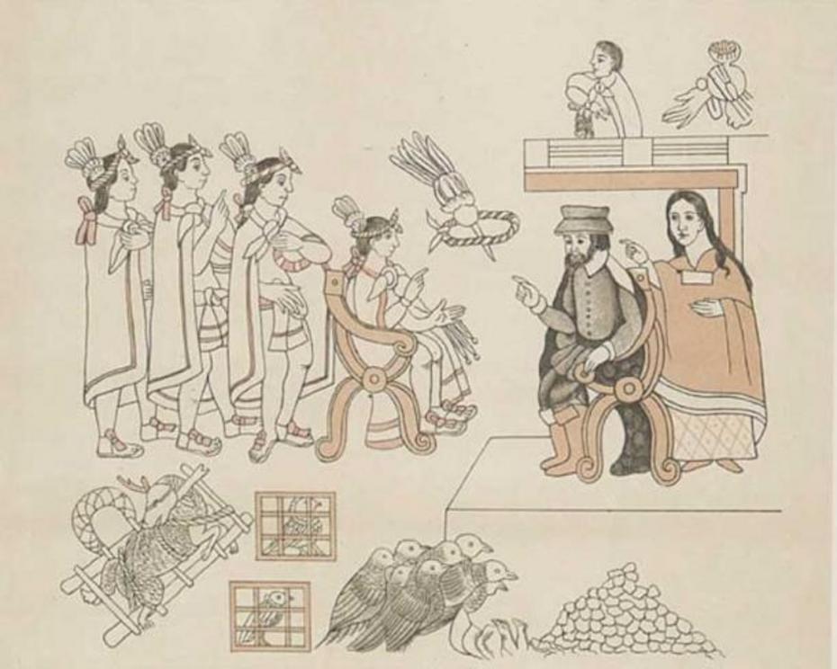 Cortez and La Malinche meet Moctezuma II., November 8, 1519, circa 1550