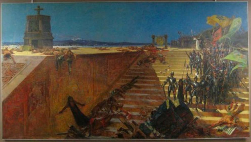 Disease played as large a part as war in the fall of the Aztec Empire. The Last Days of Tenochtitlan, final battle of the Spanish conquest of the Aztec Empire in 1521. Painting by William de Leftwich Dodge, 1899