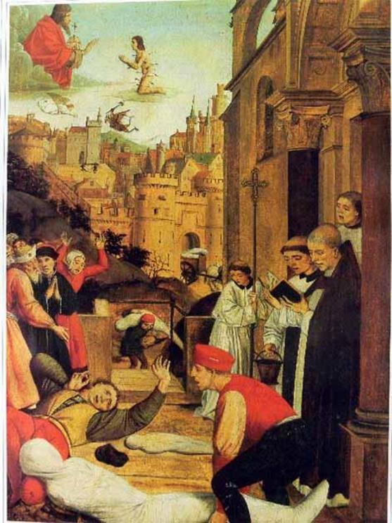 Europe dealt with a series of plagues over the centuries, which are still being studied. St. Sebastian pleading for the life of a gravedigger afflicted with plague during the 7th-century Plague of Pavia, by Josse Lieferinxe circa 1497.