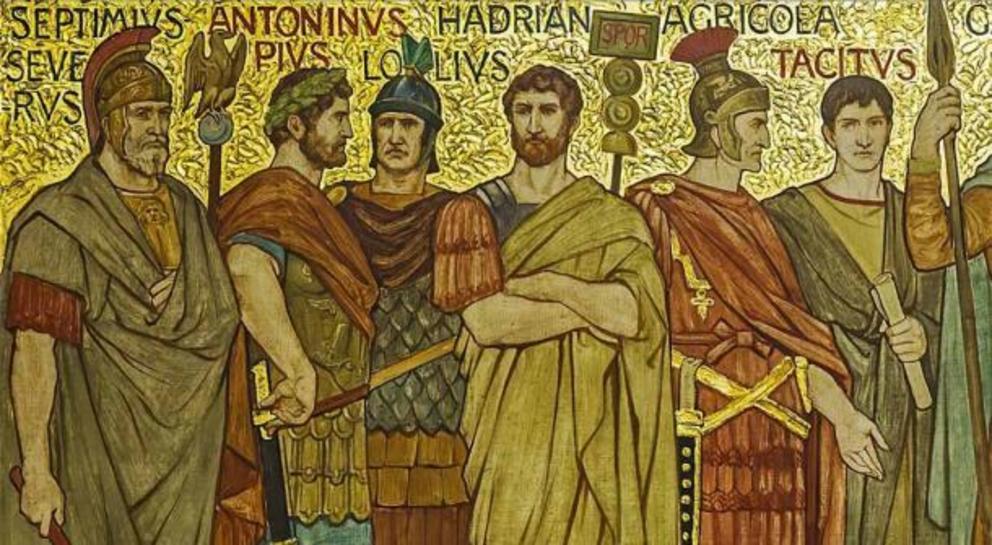 Hadian, Agricola and Tacitus – last three on the right - among Roman generals and emperors in this frieze from the Great Hall of the National Galleries Scotland by William Brassey Hole (1897)