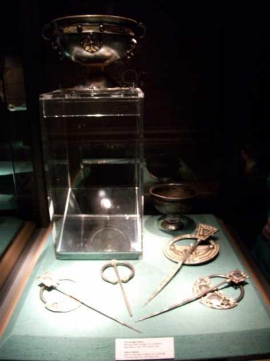 Some of the artifacts from the Ardagh hoard. The Ardagh Chalice is the most elaborate and famous piece.