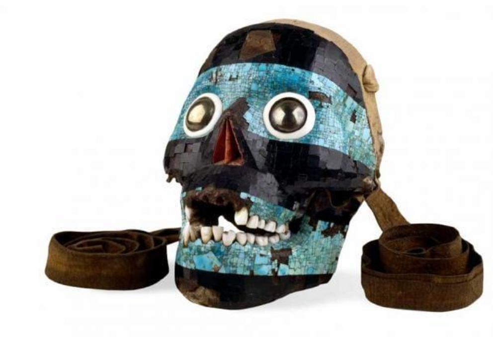 The mosaic skull mask of Tezcatlipoca is believed to represent  Tezcatlipoca, a.k.a. “Smoking Mirror,” one of the four powerful and influential creator gods of Aztec mythology. This Aztec artifact is a human skull covered with a mosaic of  turquoise. Expe