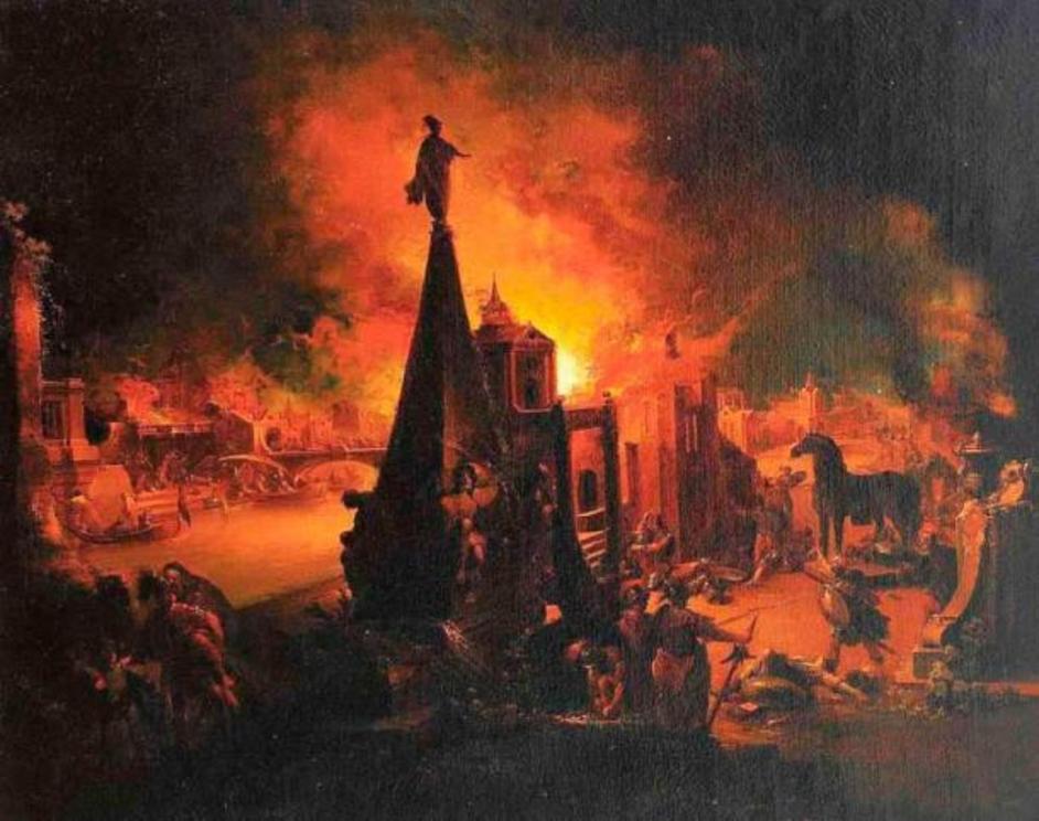 The Trojan War has been depicted in numerous works of literature and art. View of Burning Troy, 18th century painting by Johann Georg Trautmann