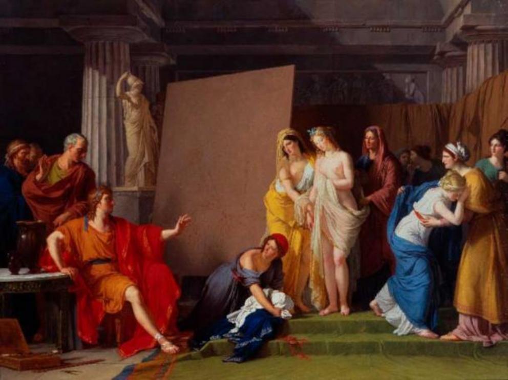 Zeuxis Choosing his Models for the Image of Helen from among the Girls of Croton, 1791 painting. Zeuxis literally died of laughter over one of his paintings.