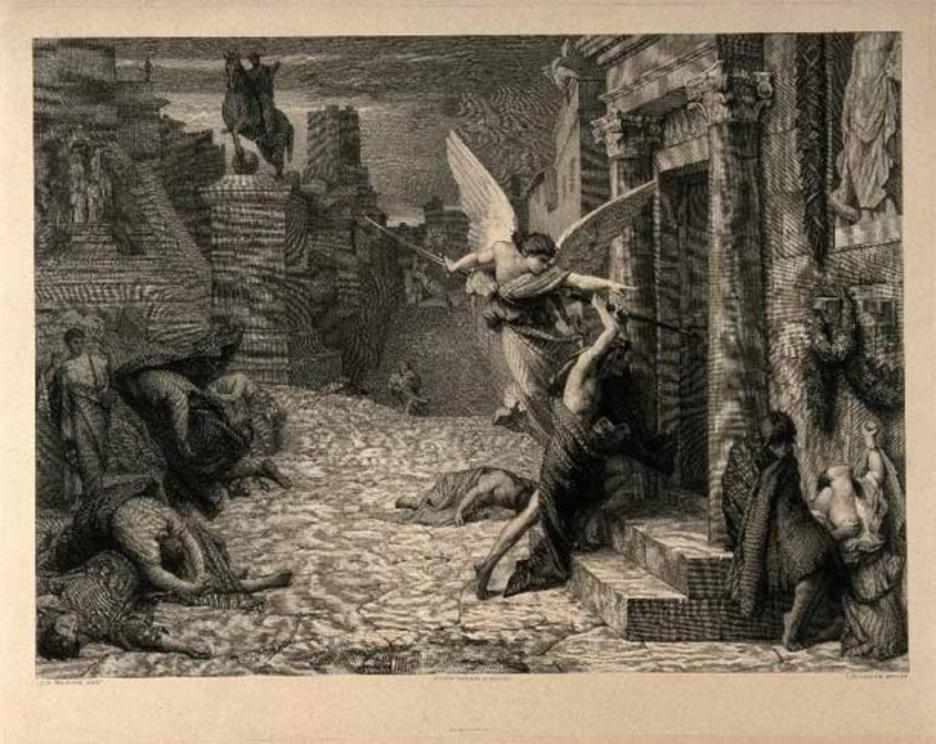 The angel of death striking a door during the Antonine plague of Rome.