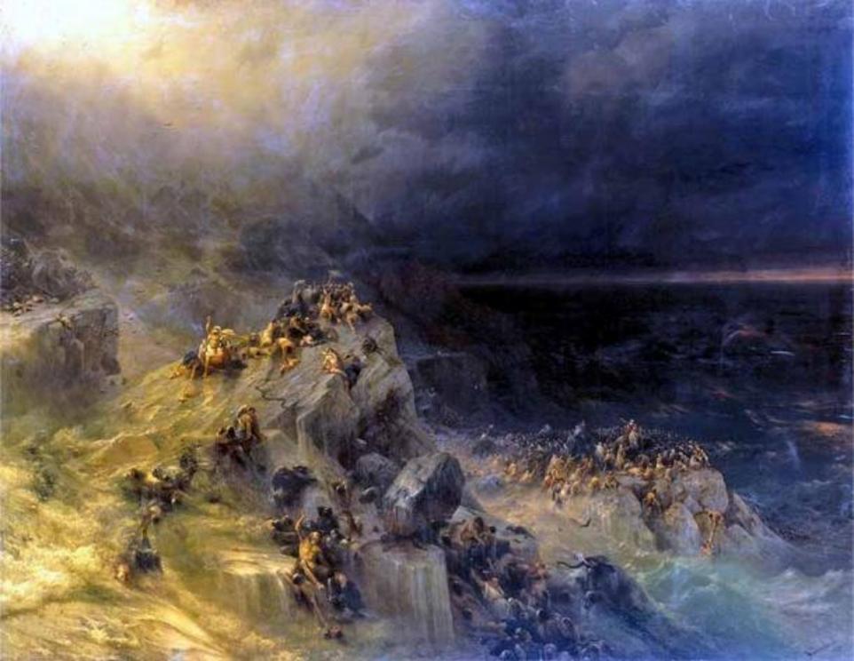 New research shows some people, astoundingly, survived the devastating Doggerland tsunami event. People moving to higher ground in ‘Deluge’ by Ivan Ayvazovsky, 1864.