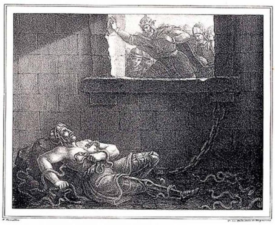 According to legend, King Aelle killed the Viking Ragnar Lodbrok by throwing him into a pit of snakes. Ragnar’s sons then performed the blood eagle on King Aelle.