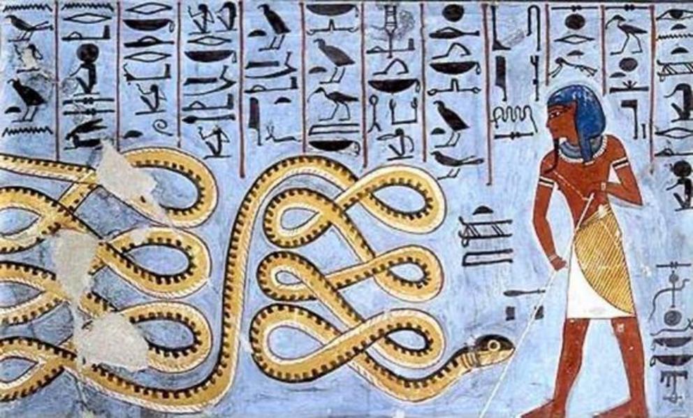 Apep, or Aphophis, was the god of chaos, depicted in ancient Egyptian art as a giant serpent as can be seen in this example from the tomb of Ramses I.