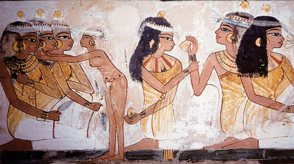 Egyptian girls at a 19th Dynasty party (around 1290 BCE) give each other different-flavoured breath mints.