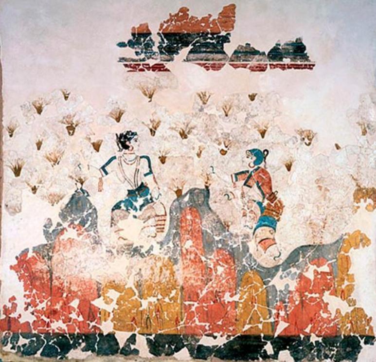 Fresco of saffron gatherers from the Bronze Age excavations in Akrotiri on the island of Santorini, Greece.