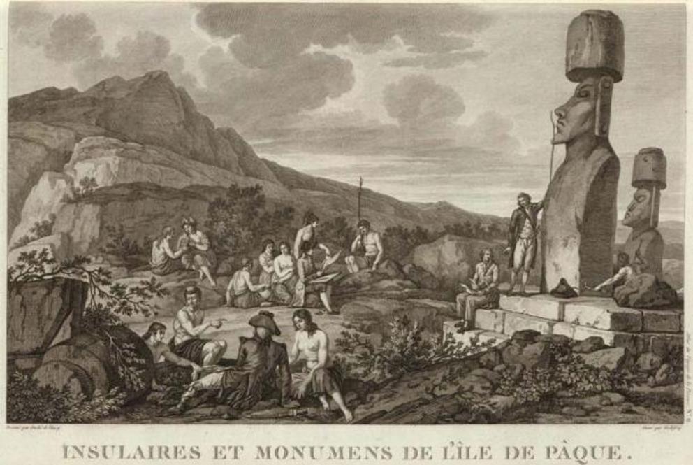 Illustration conducted during a French expedition to Easter Island in 1786, entitled “ Population of Easter Island and Moai statues during the visit of the La Pérouse expedition in 1786.”