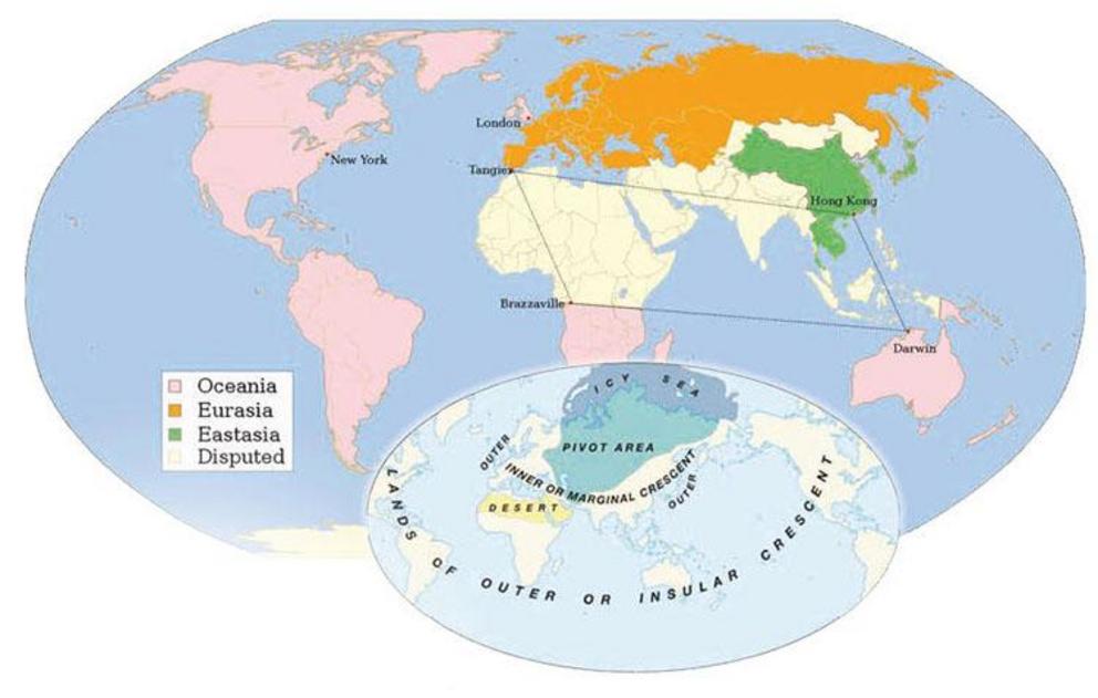 The three fictional superstates of George Orwell’s dystopian novel 1984 are Oceania, Eurasia, and Eastasia. ‘Disputed territories’ are also indicated.   INSET:  Map of Mackinder’s “World Island” theory with the central focus being the pivot area of Eurasi