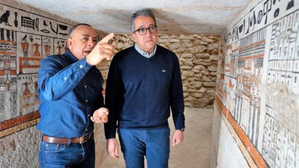 Minister of Tourism and Antiquities, Dr. Khaled El-Enany, with Dr. Mustafa Waziri viewing the five inscribed tombs during a visit to the newly discovered tombs in Egypt.