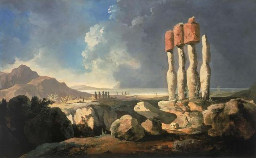Painting by William Hodges, circa 1775 to 1776, showing a view of the monuments of Easter Island.