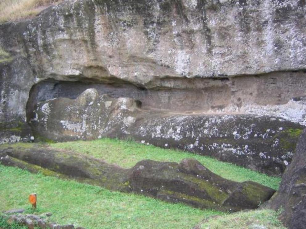 At the Rano Raraku quarry there is evidence to show that the Easter Island moai were carved in situ out of the cliff, separated from the rock face and then transported down to their ultimate locations.
