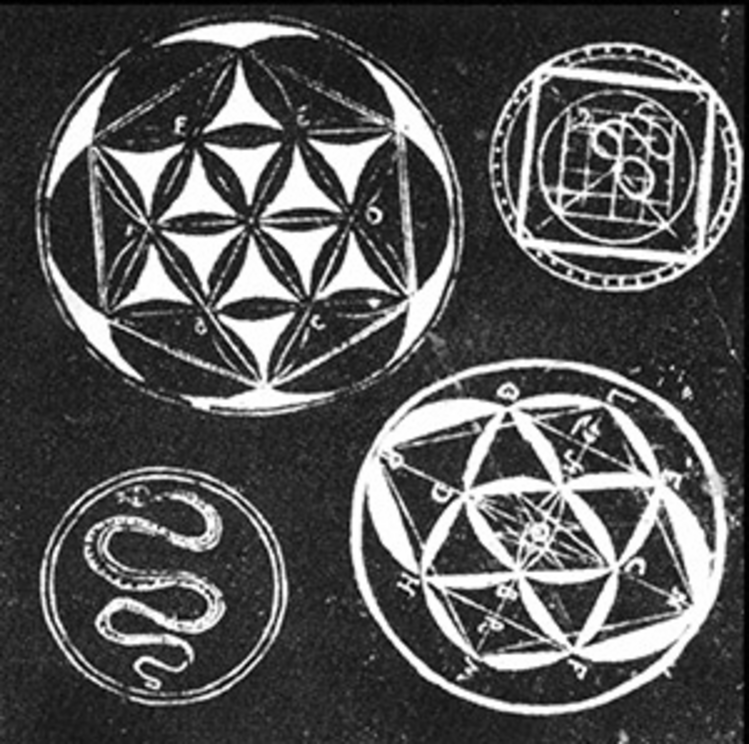 Woodcut illustrations from Giordano Bruno, Prague 1588. Upper left cut contains a version of the “Flower of Life” pattern.