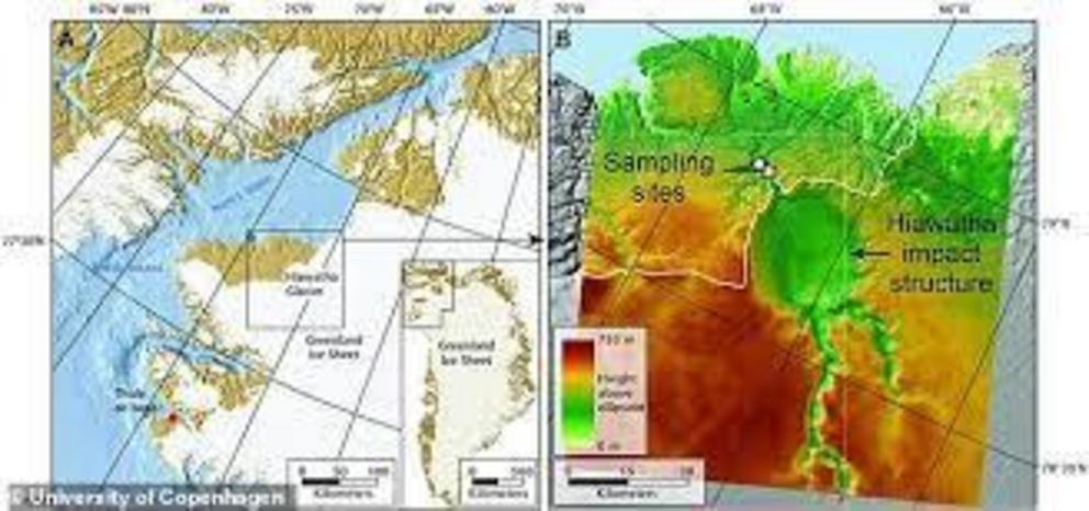 Maps show the location of the Hiawatha impact crater in northwest Greenland (left) and the shape of Earth's surface beneath the ice, with the crater clearly visible (right)