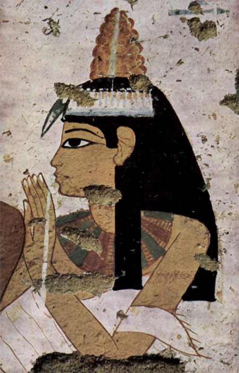 A head cone atop a woman’s head, distinctive in colour and form, and appearing not unlike a beehive. Tomb painting, Thebes,1350-1300 BC.