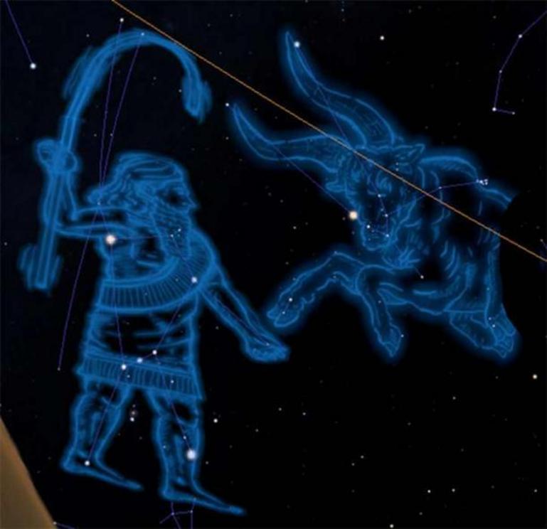 In the Mesopotamian pre-zodiac, Orion had been included. His shepherd's tool touches the ecliptic; Taurus might have been complete before his fight with Gilgamesh (Orion); Drawings of the constellation 