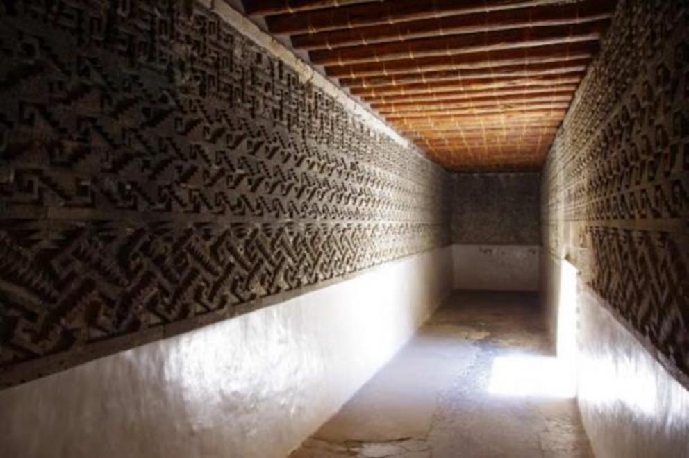 A view into one of the side chambers of the Mitla “Columns Group,” showing more of the intricate mosaics and sculpted decoration on the inner walls.