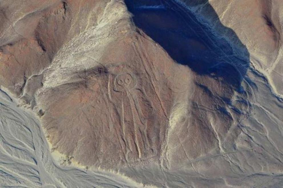 Aerial view of the Nazca Lines Owlman (astronaut), Peru.