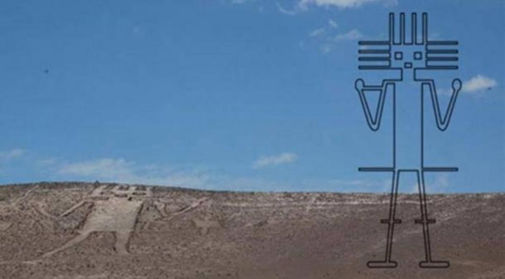 The Atacama Giant with superimposed outline sketch of the geoglyph