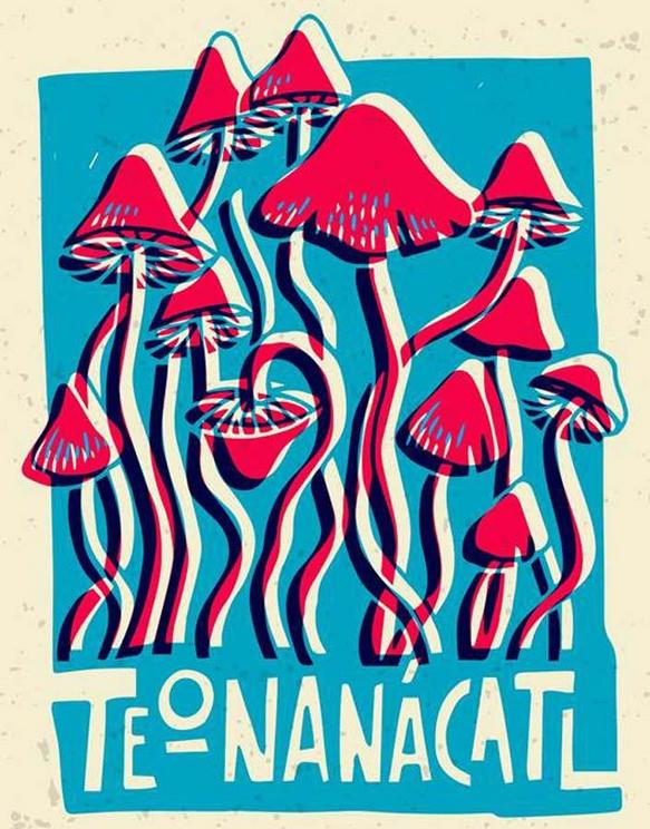 Illustrated card with psychedelic mushrooms.