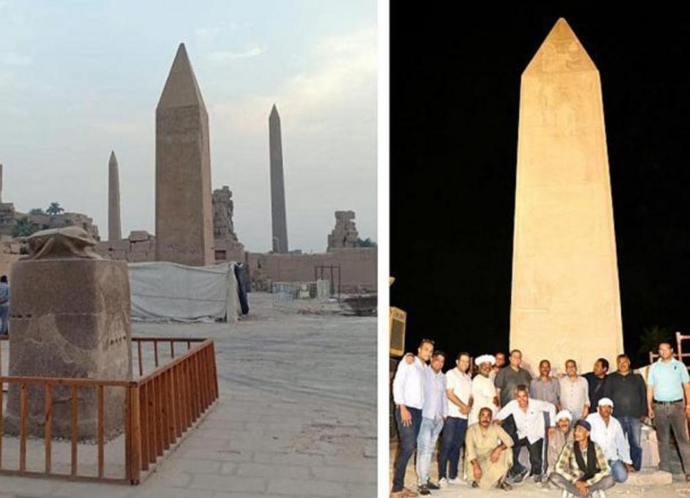 The re-erected Karnak obelisk as it stands now on the avenue near Karnak Temple.