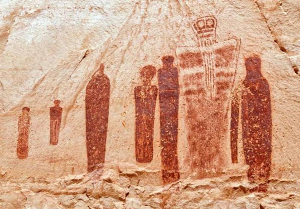 Like the Ural pictograms, the giant display of ghostly, larger-than-life-size, ochre-colored figures painted on a remote sandstone wall in Utah’s Canyonlands National Park also suggests aliens.