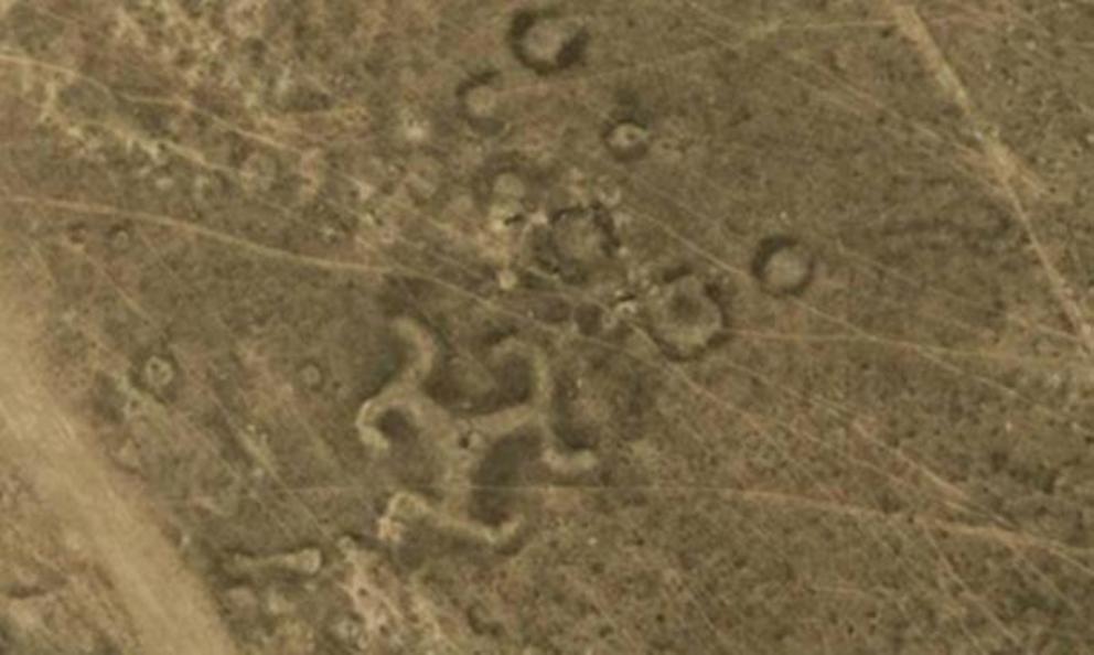 More than 50 geoglyphs have been discovered in northern Kazakhstan. Many of them are made of earthen mounds (although timber was used to make this swastika).