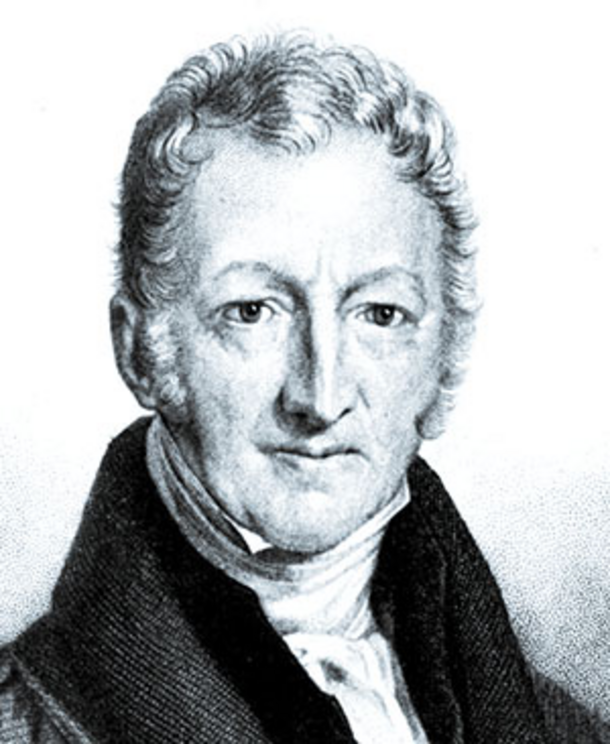 English economist and demographer Thomas Malthus, best known for his theory that population growth will always tend to outrun the food supply (hence the term Malthusian).