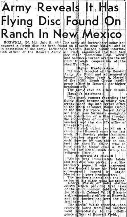 Local news report in the Sacramento Bee on July 8, 1947, discussing the Roswell UFO incident.