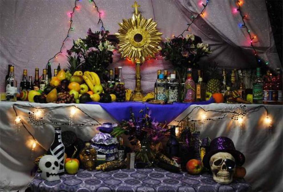 A Haitian Voodoo altar created during a festival for the Ghede spirits, Boston, US.
