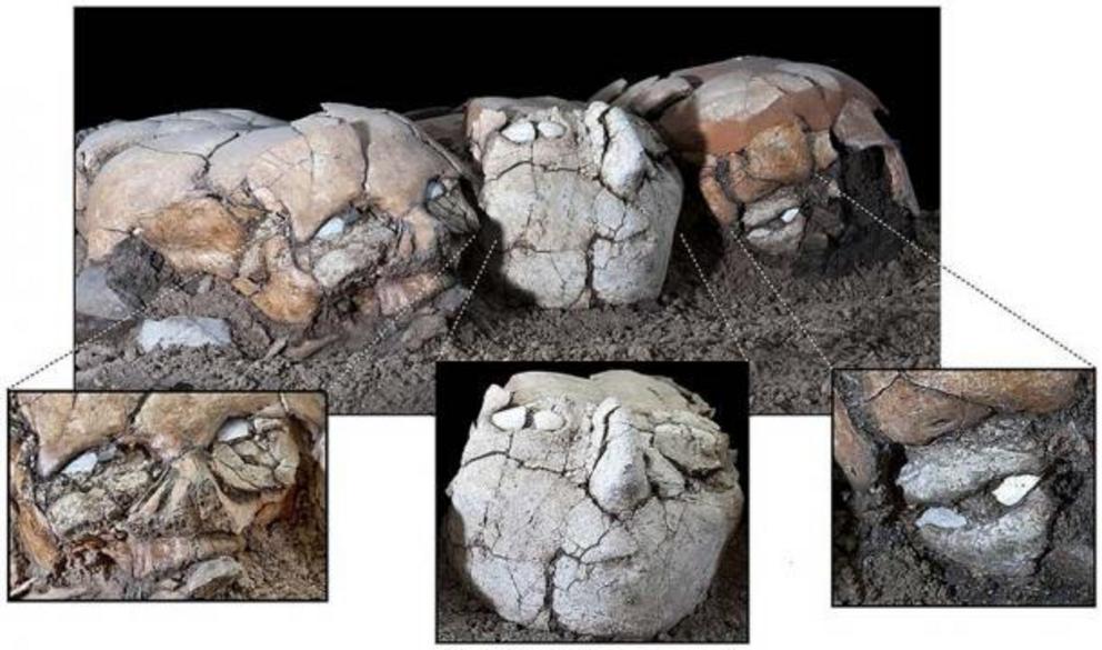 Plastered skulls from the Pre-Pottery Neolithic B site of Yiftahel in Israel.