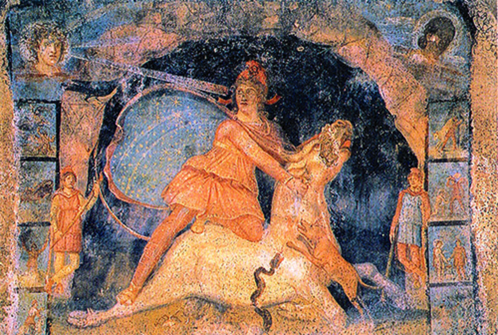 Mithras and the Bull. This fresco from the mithraeum at Marino, Italy (third century) shows the Tauroctony and the celestial lining of Mithras’ cape. On Mithras’ left and right are the two boys Cautes and Cautopetes, with one holding a torch up on the asc