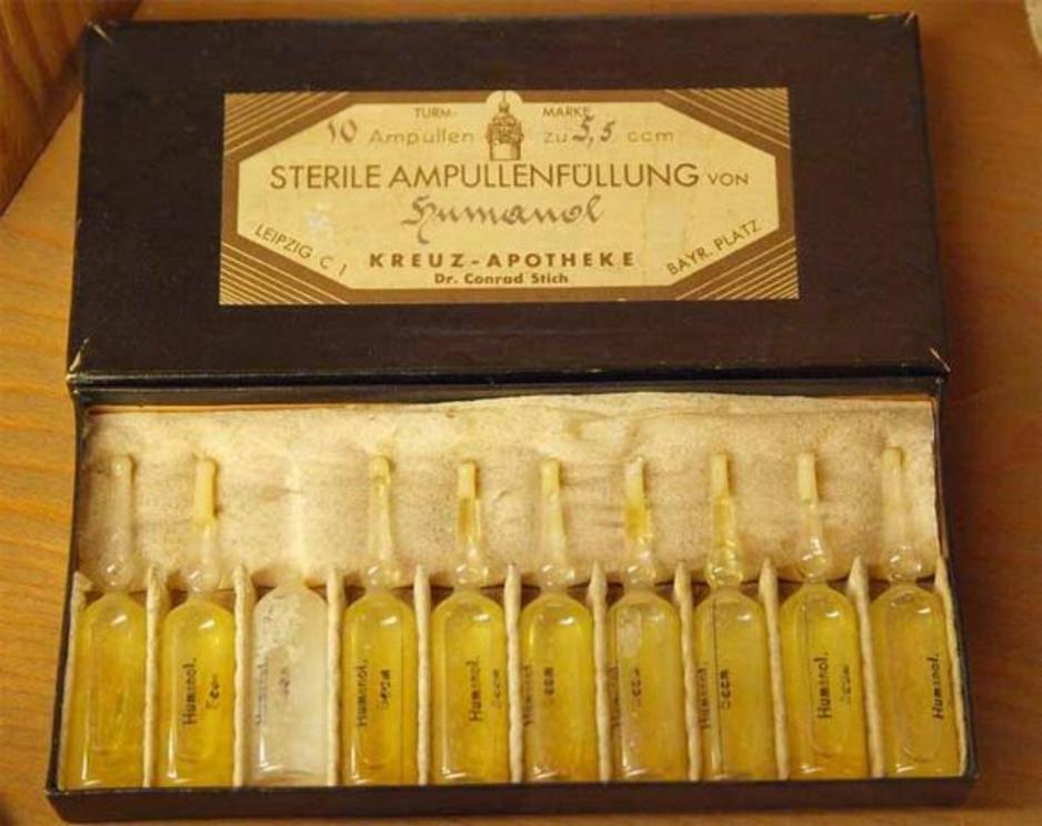 These ampules are full of humanol, which was made from human fat in Germany in the early 20th century AD, was a popular kind of corpse medicine all over Europe.