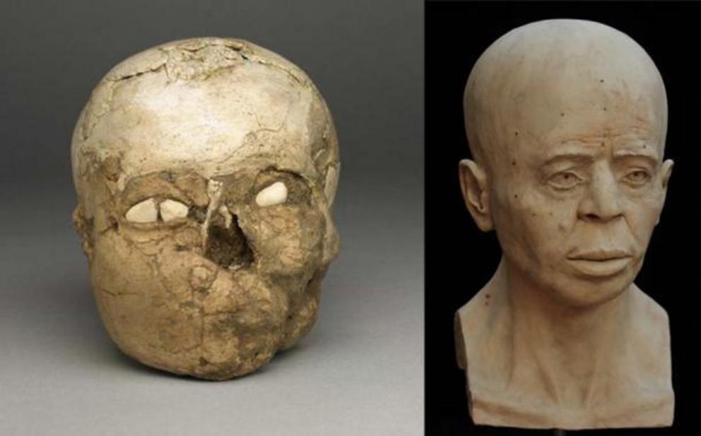 On the left: The Neolithic Jericho Skull in the British Museum collection. On the right: The facial reconstruction of the Jericho Skull.