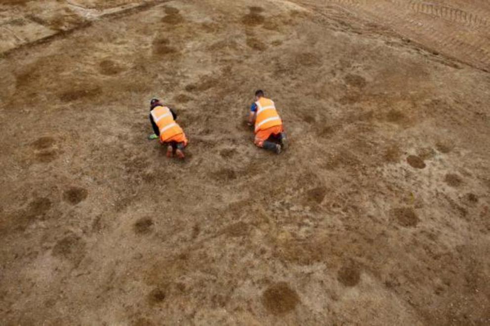 One of the six Late Bronze Age to Early Iron Age timber roundhouses that was discovered, with visible postholes.