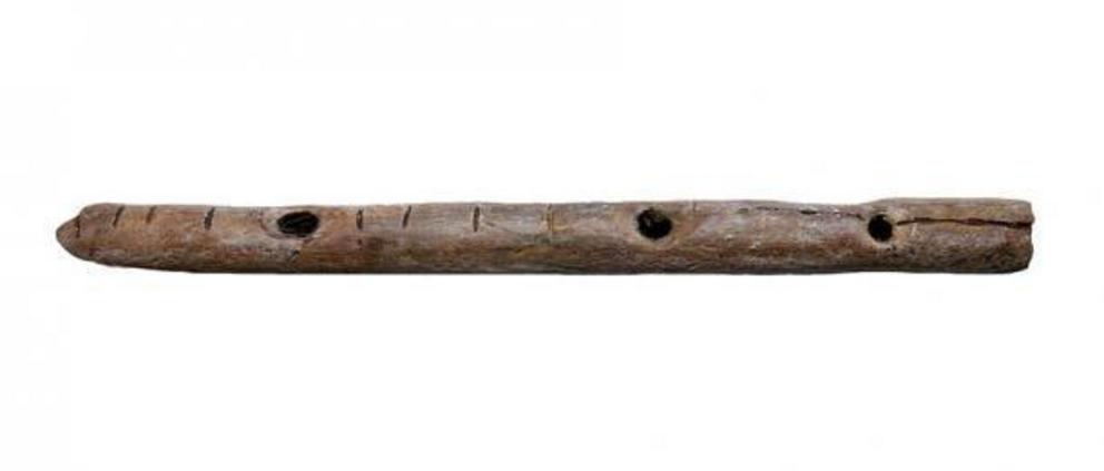 Replica of a bone flute made by the Aurignacians and discovered at Geissenklösterle, a German cave on the Swabian region.