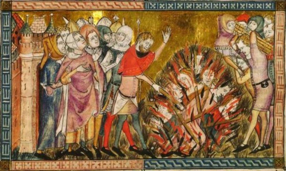 In this miniature by Flemish painter Pierart dou Tielt (painted circa 1340-1360), Jews are being burnt alive as they were viewed a plague spreaders or poisoners!