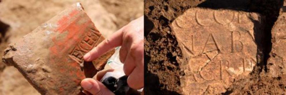 Left: Roman roof tile with inscription; Right: Fragment of a Roman altar stone.
