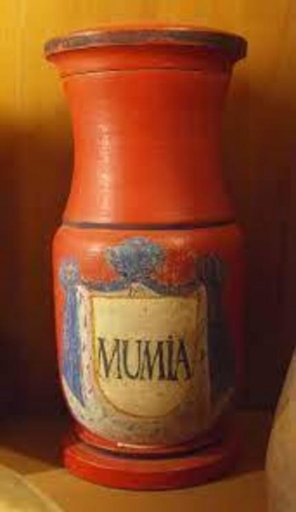 A jar used for storing mumia, a medicine made from the ground up remains of mummified humans.