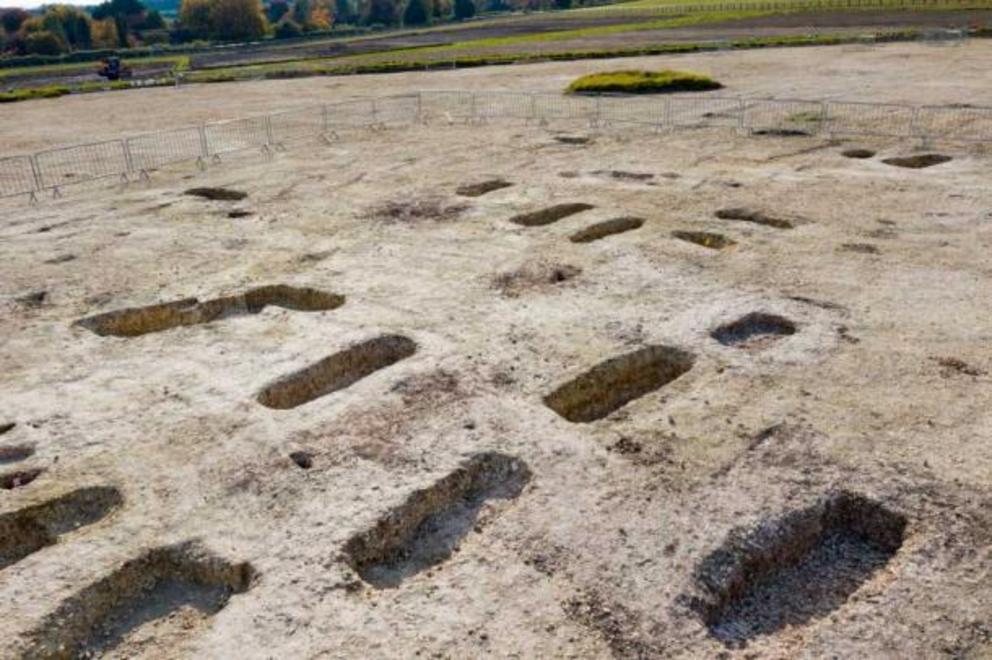 Site of the HS2 excavation of a huge Anglo-Saxon burial ground in Wendover, Buckinghamshire, England where 141 burials were uncovered along with a treasure trove of burial goods and artifacts.